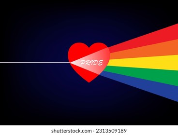 Illustration of gay pride flag with a heart on a dark background.