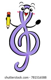 Illustration of a GClef Mascot with a Pencil. Song Writing Concept