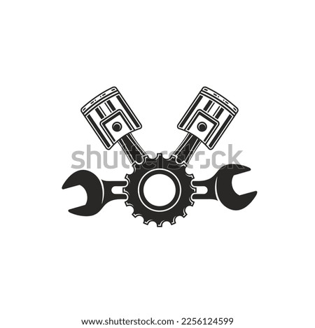 illustration of gear, wrench and piston, vector art.