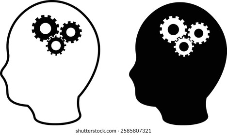 Illustration of gears in the head, black and white