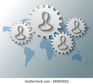 Illustration of gears with heads and world map background