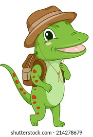 Illustration of a Gecko Wearing a Safari Hat and Bag