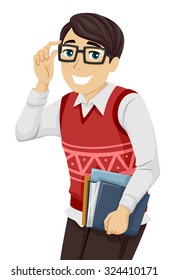 Illustration of a Geeky Teenage Boy Lifting His Glasses