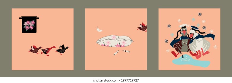 illustration with geese, pot and pillow, vector design for paper, fabric and other surfaces