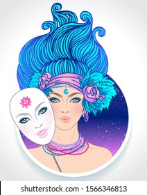 Illustration of Gemini astrological sign as beautiful girl with a mask. Zodiac vector illustration isolated on white. Future telling, horoscope, alchemy, spirituality, occultism, fashion woman.