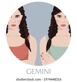 Illustration of Gemini astrological sign as a beautiful girls. Zodiac vector illustration isolated on white. Future telling, horoscope, alchemy, spirituality, occultism, fashion woman.