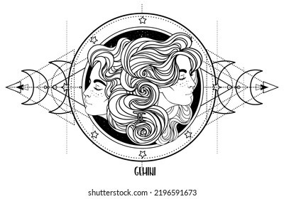 Illustration of Gemini astrological sign as a beautiful girl over sacred geometry frame. Zodiac vector drawing isolated in black and white. Future telling, horoscope, spirituality. Coloring book.