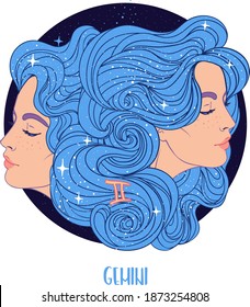 Illustration of Gemini astrological sign as two beautiful girls. Zodiac vector illustration isolated on white. Future telling, horoscope, alchemy, spirituality, occultism, fashion woman.