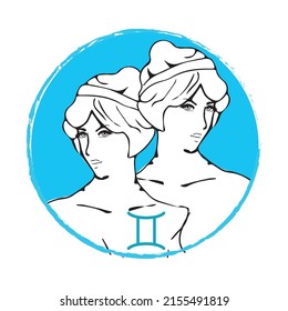 Illustration of Gemini astrological sign as two beautiful girls. Zodiac vector illustration isolated on white. Future telling, horoscope, alchemy, spirituality, occultism, fashion woman.