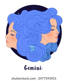 Illustration of Gemini astrological sign as two beautiful girls. Zodiac vector illustration isolated on white. Future telling, horoscope