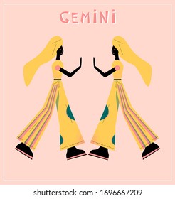 Illustration with Gemini - astrological zodiac sign. Abstract print with The Twins - two women in modern cloth.