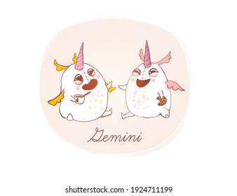 Illustration of Gemini. Cartoon style. Zodiac vector illustration for kids. One of 12  in collection for your design of astrology calendar or horoscope