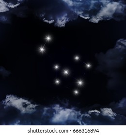 Illustration of Gemini constellation. The constellation is seen through the clouds in the night sky. Vector