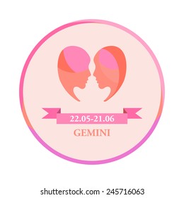 Illustration of gemini with text and ribbon. Zodiac signs icon