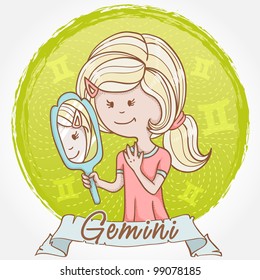 Illustration of Gemini zodiac sign in cute cartoon style as a girl with a mirror and reflection twins