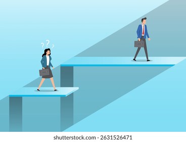 An illustration of gender inequality in the workplace. A businesswoman stands confused at the edge of a gap, while a businessman confidently walks ahead on a higher platform