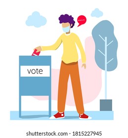 Illustration des Wahlflaedesign.Ein junger Mann benutzt bei den Parlamentswahlen Masken