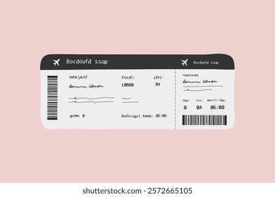 Illustration of a generic airline boarding pass with barcode, flight details, and passenger information on a light pink background. Aesthetic vector illustration.