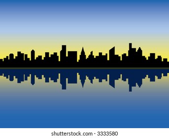 Illustration Of A Generic City Skyline At Sunrise, Reflected In Water.