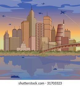 Illustration of a generic global city during daylight. Buildings are individually grouped.