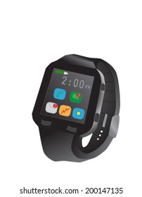 illustration of a generic smart watch with icons for messages, email, stocks, weather, and phone