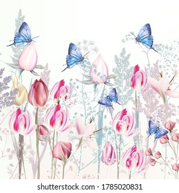 Ilustración con leves vectores de tulipán rosa y flores de croco, mariposas azules, estilo primavera 