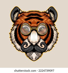 illustration of gentleman, distinguish, tiger head wearing glasses and moustache