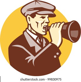 Illustration of a gentleman man shouting using vintage bullhorn done in retro woodcut style.