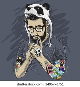 Illustration of a gentleman using panda hat with cool tattoo and beard. Good for t-shirt