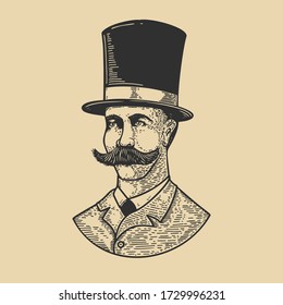 Illustration of gentleman in vintage hat in engraving style. Design element for logo, label, emblem, sign, badge. Vector illustration