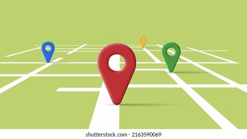 illustration with geo tags on large green map with lines. Vector illustration