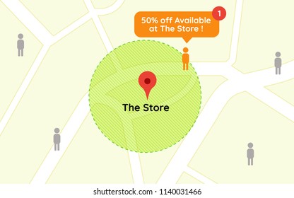 The Illustration of geofencing technology that used to monitor nearby customers and push them a 50% off promotion notification.