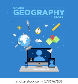 Illustration of Geography Elements Floating in a Virtual Class through a Video Call