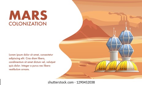 Illustration Geological Base Astronaut Settler. Banner Vector Mars Colonization. Colonization Deserted Red Planet First Astronaut. Growing Plants and Food in Space Greenhouse. Martian Base