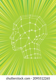 Illustration of a geometric brain profile. AI, network, technology image. Graphic material concentrated line green background