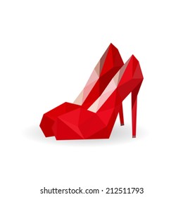 Illustration of geometric polygonal pair of red shoes isolated on white background