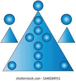 Illustration of geometric shapes, a centered triangle with nine circles inside, two small triangles with a circle above on the left and right sides of the centered triangle with blue gradient 