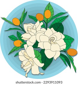 Illustration of Gerdenia or Cape jasmine flower with leaves on blue circle backgroud.