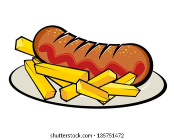 illustration of a german currywurst with french fries