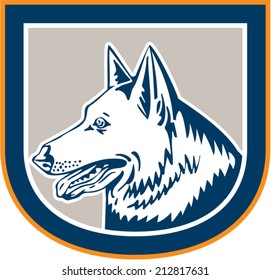 Illustration of a german shepherd dog head mascot with tongue out side view set inside crest shield on isolated background done in retro style. 