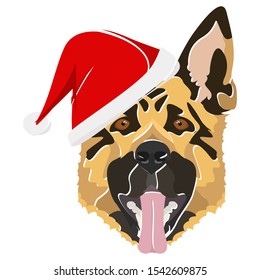 Illustration German Shepherd with red Christmas hat 

