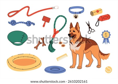 Illustration of a German Shepherd surrounded by pet accessories like leash, collar, toys, treats, grooming tools, and a dog bed. Concept for dog care, training, and responsible pet ownership. Vector