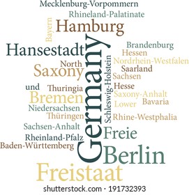 Illustration of the German States in word clouds isolated on white background