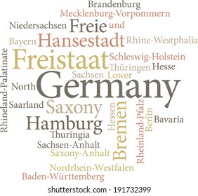 Illustration of the German States in word clouds isolated on white background