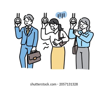 Illustration of getting on the train and grabbing the strap. commuting, commuting, transportation, looking at your smartphone on the train. 