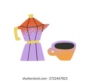 Ilustração com fabricante de café de gêiser, pequena xícara de café com textura. Textura arrojada na moda, design de impressão de vestuário, cartaz de decoração de parede café