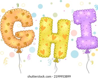 Illustration Of GHI Letters Mylar Balloons Floating With Confetti