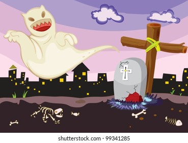 Illustration of ghost in a cemetery