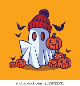 illustration of a ghost character carrying a pumpkin greeting halloween vector