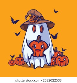 illustration of a ghost character carrying a pumpkin greeting halloween vector